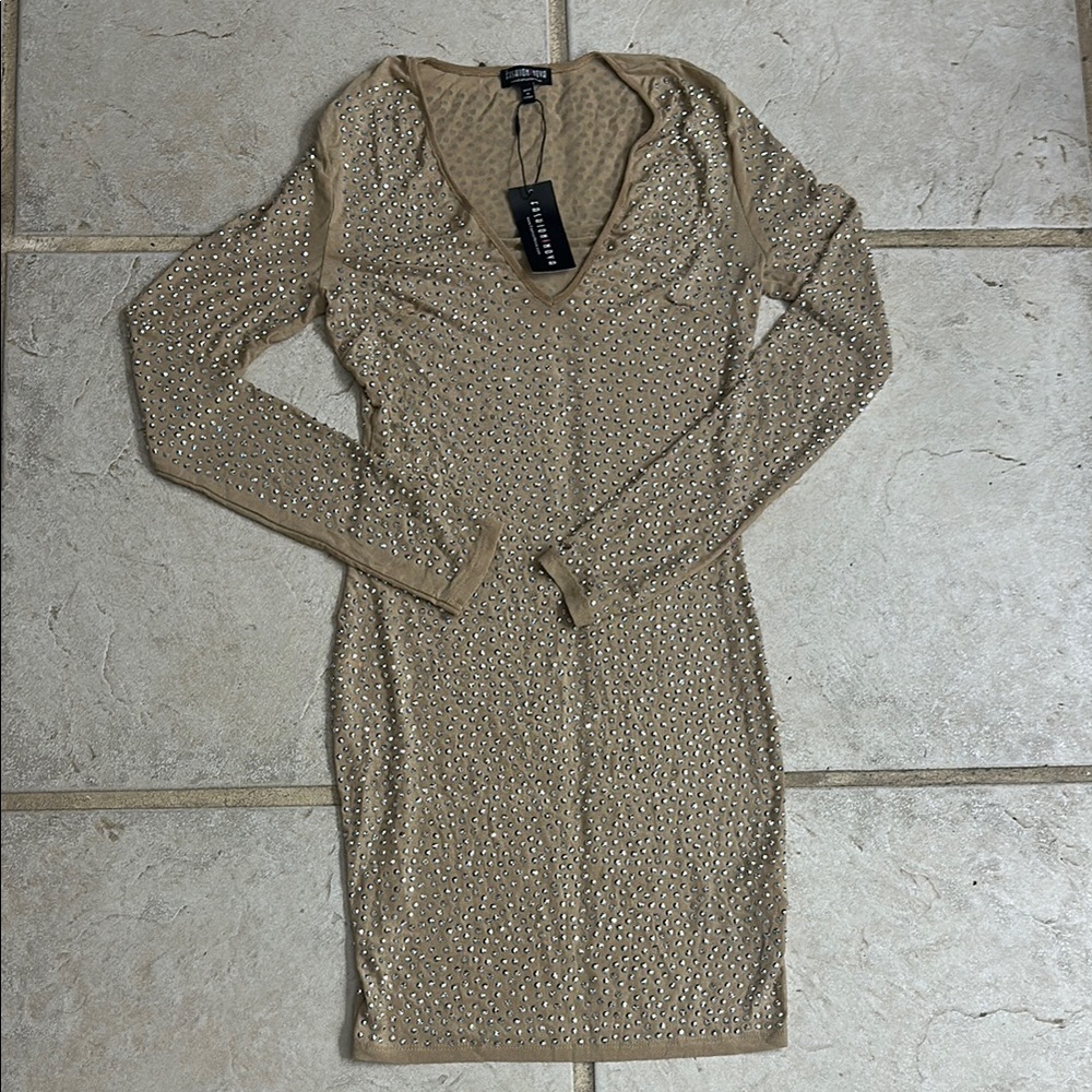 Fashion Nova Tan Ribbed Long Sleeve Bodycon Dress